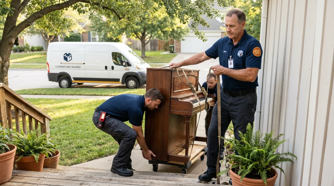 Licensed piano movers securing grand piano in Goshen, OH
