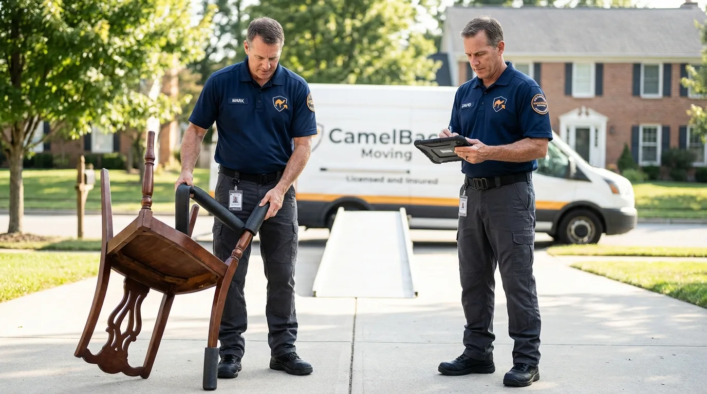 Movers inspecting furniture for damage prevention before loading in Goshen, OH