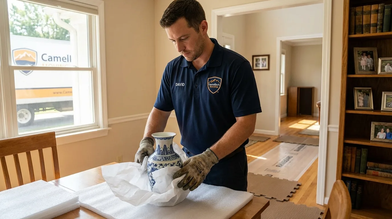 Professional crew carefully wrapping antique vase for senior downsizing move in Goshen, OH
